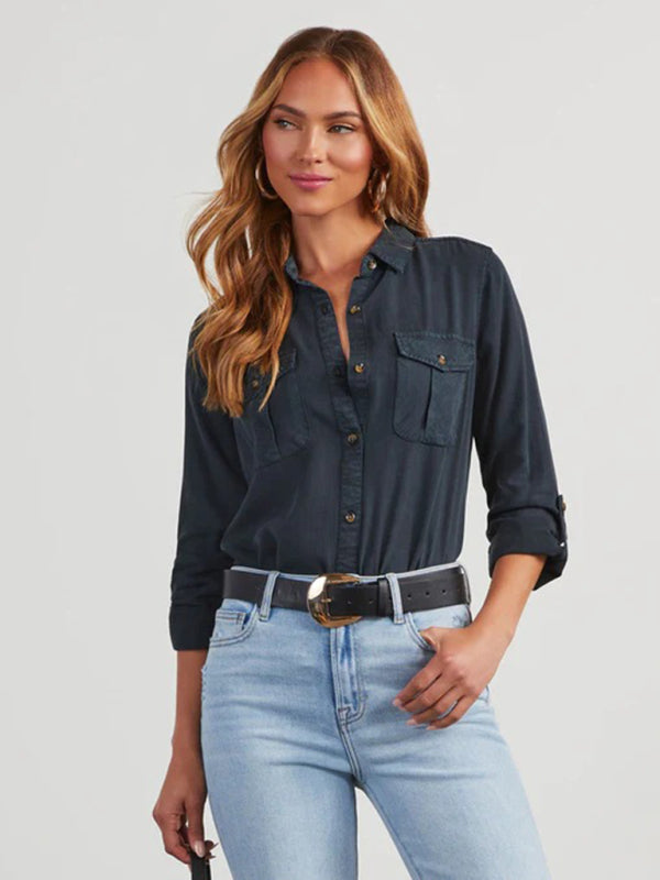 New casual lapel single-breasted women's long-sleeved denim-[Adult]-[Female]-2022 Online Blue Zone Planet