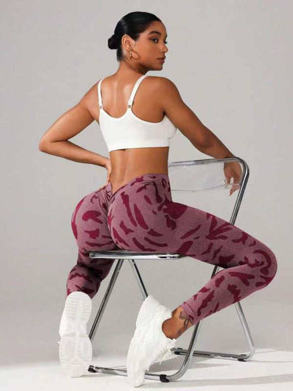 V waist camouflage peach hip sports trousers seamless yoga pants waisted fitness pants-[Adult]-[Female]-Wine Red-S-2022 Online Blue Zone Planet