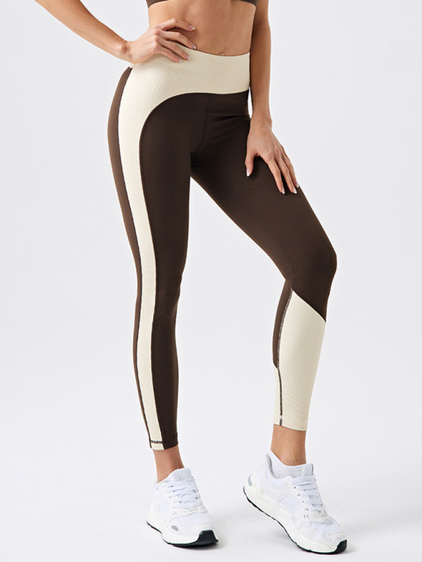 Eco-friendly recycled fabric contrast color yoga pants outdoor running and fitness leggings-[Adult]-[Female]-Coffee-XS-2022 Online Blue Zone Planet