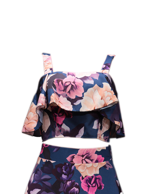 Fashionable holiday style camisole top with printed ruffle skirt two-piece set-[Adult]-[Female]-2022 Online Blue Zone Planet