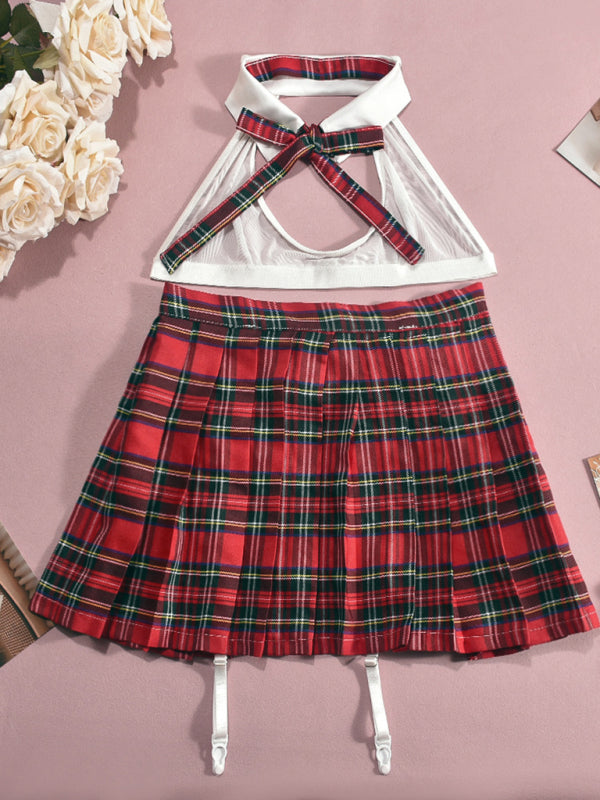 Role Play Plaid Pleated Skirt Sexy Lingerie Multi-Piece Set-[Adult]-[Female]-2022 Online Blue Zone Planet