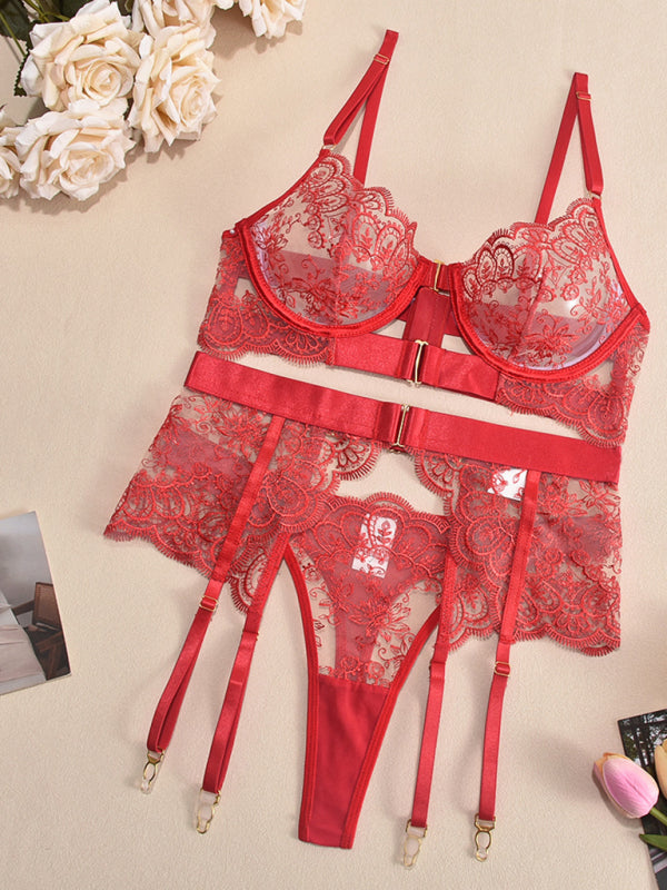 Embroidered bra sexy lingerie 3 piece setderwear four-piece set-TOPS / DRESSES-[Adult]-[Female]-Red-S-2022 Online Blue Zone Planet