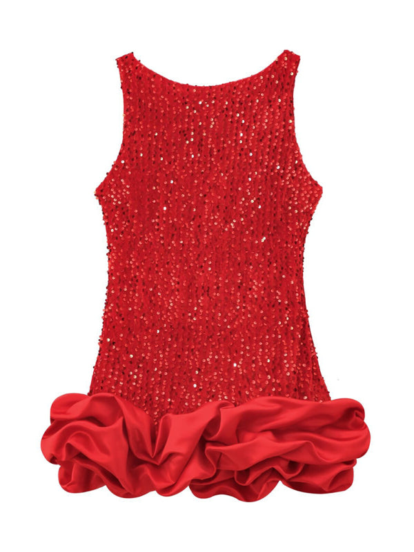 New Fashion Sequin Sleeveless Suspender Short Dress-TOPS / DRESSES-[Adult]-[Female]-Red-XS-2022 Online Blue Zone Planet