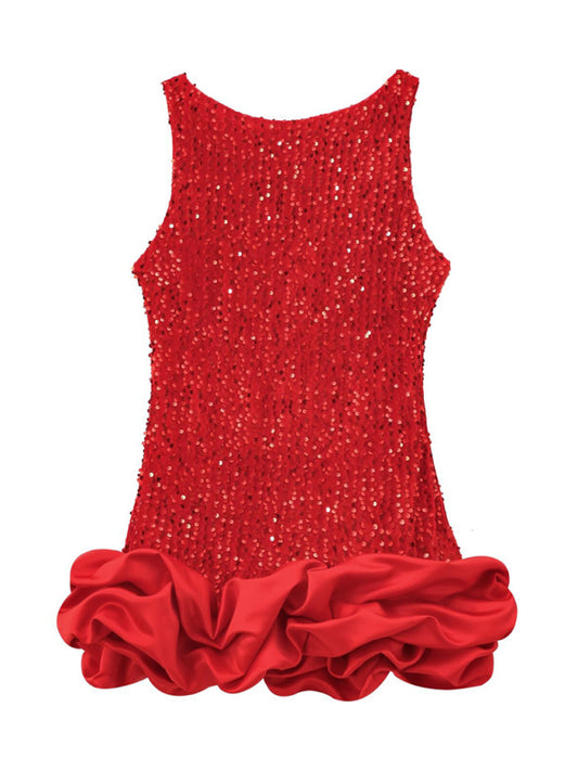 New Fashion Sequin Sleeveless Suspender Short Dress-TOPS / DRESSES-[Adult]-[Female]-Red-XS-2022 Online Blue Zone Planet