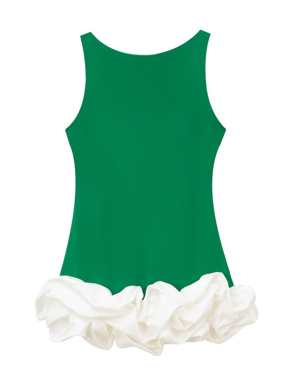 New Fashion Contrast Color Sleeveless Short Dress-TOPS / DRESSES-[Adult]-[Female]-Green-XS-2022 Online Blue Zone Planet