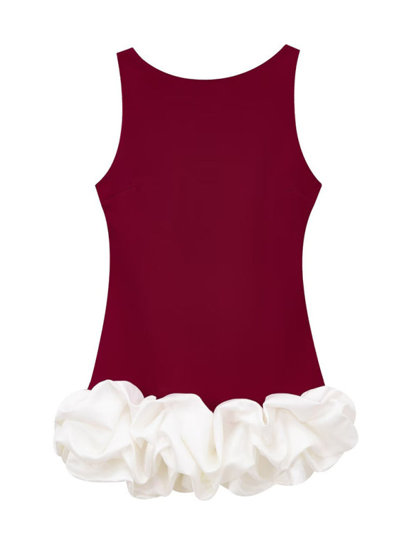 New Fashion Contrast Color Sleeveless Short Dress-TOPS / DRESSES-[Adult]-[Female]-Wine Red-XS-2022 Online Blue Zone Planet