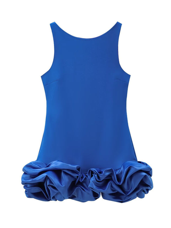 New Fashion Fabric Patchwork Bubble Hem Sleeveless Short Dress-TOPS / DRESSES-[Adult]-[Female]-Blue-XS-2022 Online Blue Zone Planet