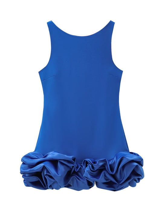 New Fashion Fabric Patchwork Bubble Hem Sleeveless Short Dress-TOPS / DRESSES-[Adult]-[Female]-Blue-XS-2022 Online Blue Zone Planet