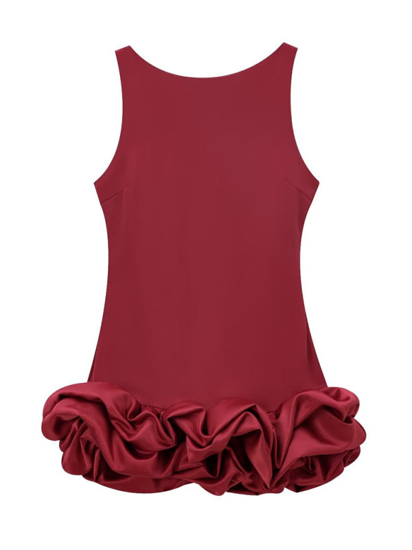 New Fashion Fabric Patchwork Bubble Hem Sleeveless Short Dress-TOPS / DRESSES-[Adult]-[Female]-Dark Red-XS-2022 Online Blue Zone Planet