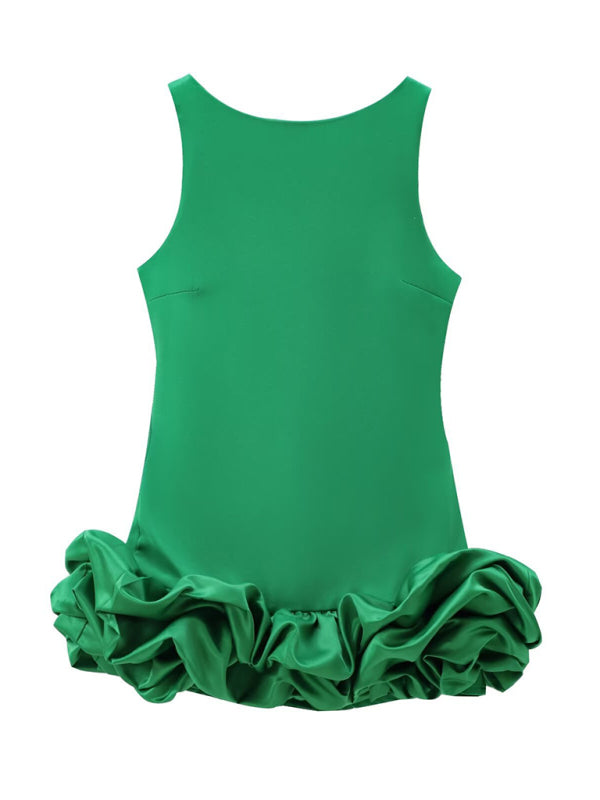 New Fashion Fabric Patchwork Bubble Hem Sleeveless Short Dress-TOPS / DRESSES-[Adult]-[Female]-Green-XS-2022 Online Blue Zone Planet