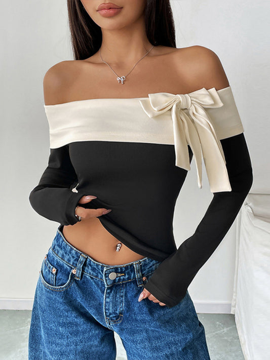 Women's Fashion Short Tops Long Sleeve Foreign Trade Off-shoulder One-shoulder Collar Bowknot T-shirt-[Adult]-[Female]-Black-S-2022 Online Blue Zone Planet