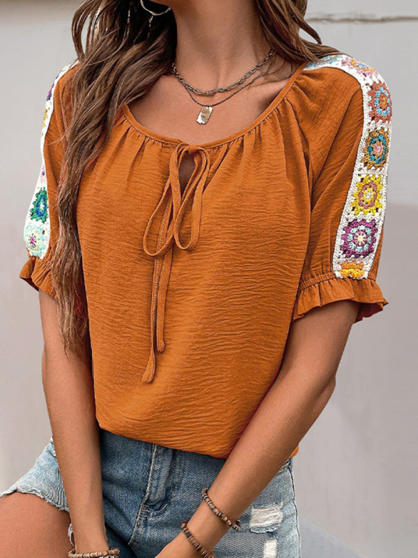 Casual Ribbon Splicing Shirt Fashion Lace-up Pullover Shirt-[Adult]-[Female]-2022 Online Blue Zone Planet