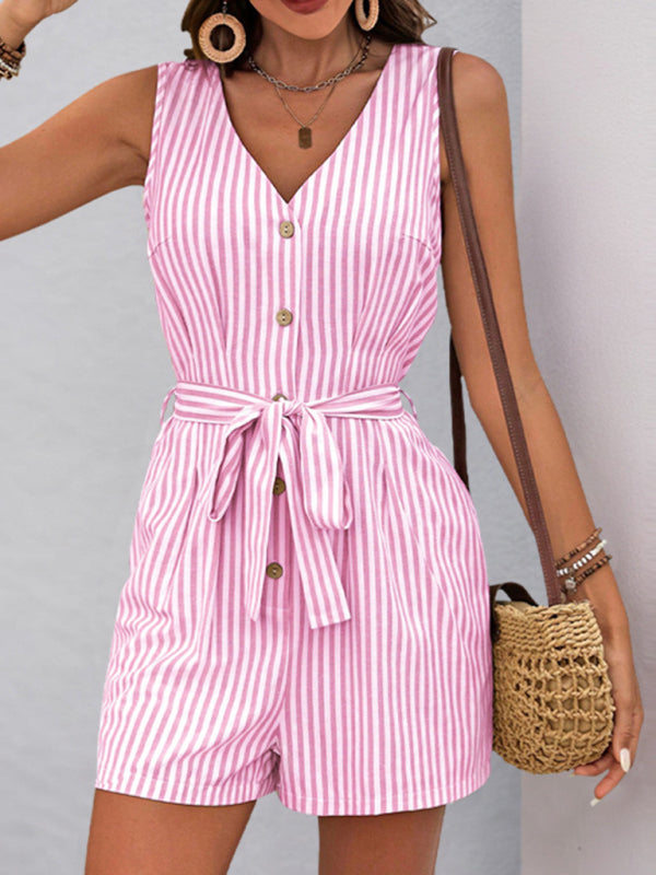 V-neck sleeveless striped jumpsuit-[Adult]-[Female]-Pink-S-2022 Online Blue Zone Planet