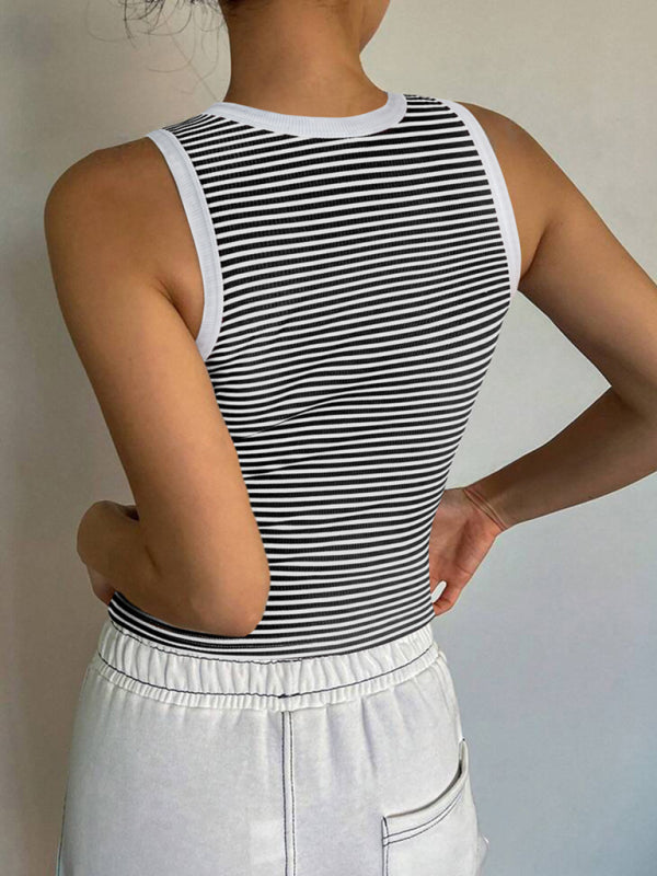 Y2K sexy sweet and spicy knitted striped contrasting top vest bottoming shirt-[Adult]-[Female]-2022 Online Blue Zone Planet
