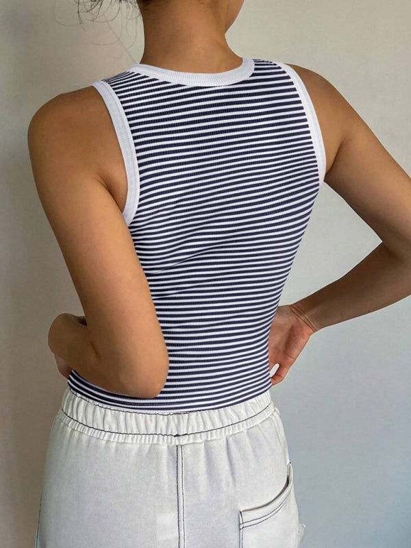 Y2K sexy sweet and spicy knitted striped contrasting top vest bottoming shirt-[Adult]-[Female]-2022 Online Blue Zone Planet