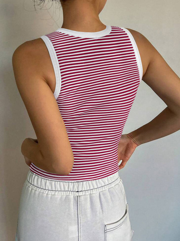 Y2K sexy sweet and spicy knitted striped contrasting top vest bottoming shirt-[Adult]-[Female]-2022 Online Blue Zone Planet