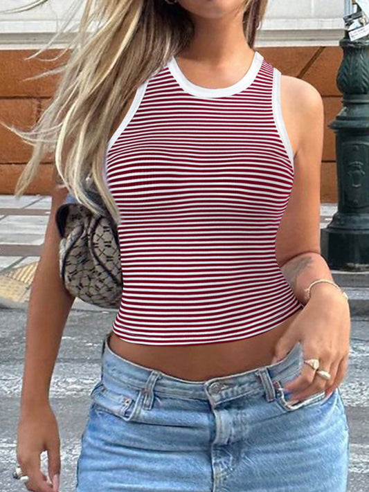 Y2K sexy sweet and spicy knitted striped contrasting top vest bottoming shirt-[Adult]-[Female]-Red-S-2022 Online Blue Zone Planet