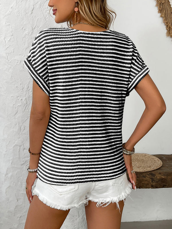 New arrival ladies' knitted V-neck button-down short sleeves-[Adult]-[Female]-2022 Online Blue Zone Planet