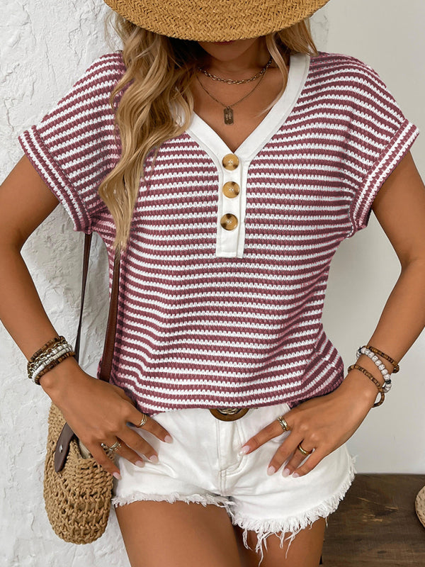 New arrival ladies' knitted V-neck button-down short sleeves-[Adult]-[Female]-2022 Online Blue Zone Planet