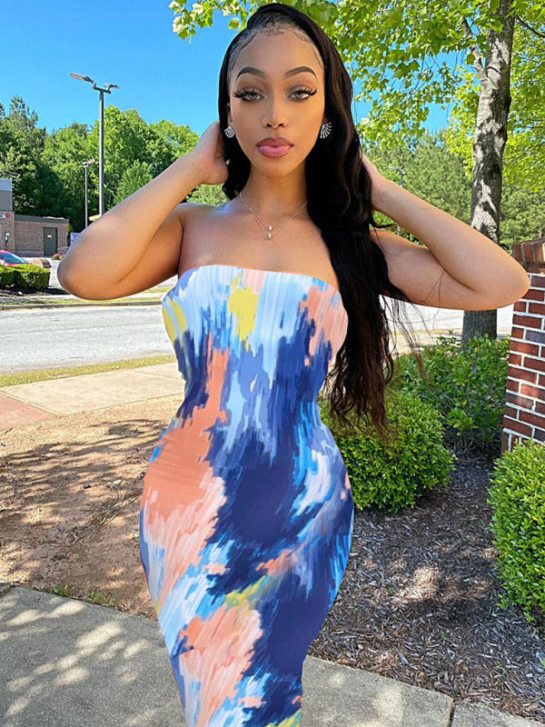 Tie-dye Off-shoulder Tube Top Bodycon Maxi Dress - Blue Zone Planet Purplish Blue navy / XXL by Blue Zone Planet Tie-dye Off-shoulder Tube Top Bodycon Maxi Dress - Blue Zone Planet Purplish Blue navy / XXL by Blue Zone Planet