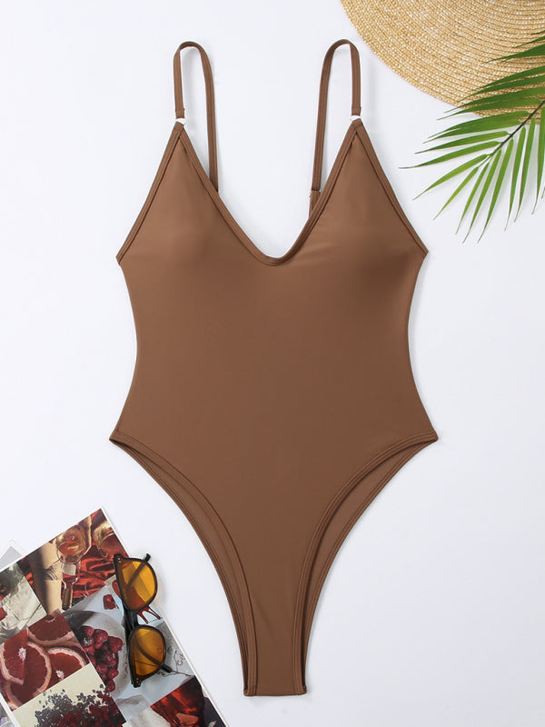 Women's multi-color sexy suspender one-piece bikini beach nightclub hot spring swimsuit-[Adult]-[Female]-Brown-S-2022 Online Blue Zone Planet