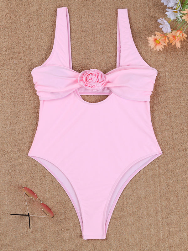 Solid color one-piece swimsuit sexy 3D flower two-piece bikini beach bikini-[Adult]-[Female]-Pink-S-2022 Online Blue Zone Planet