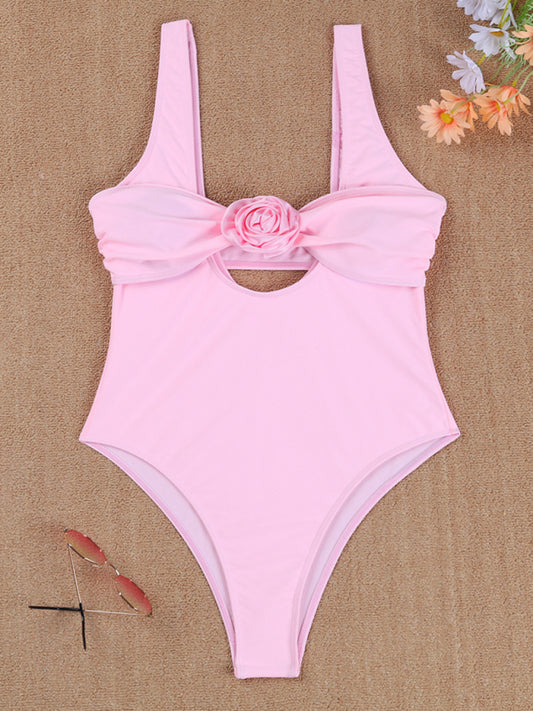 Solid color one-piece swimsuit sexy 3D flower two-piece bikini beach bikini-[Adult]-[Female]-Pink-S-2022 Online Blue Zone Planet