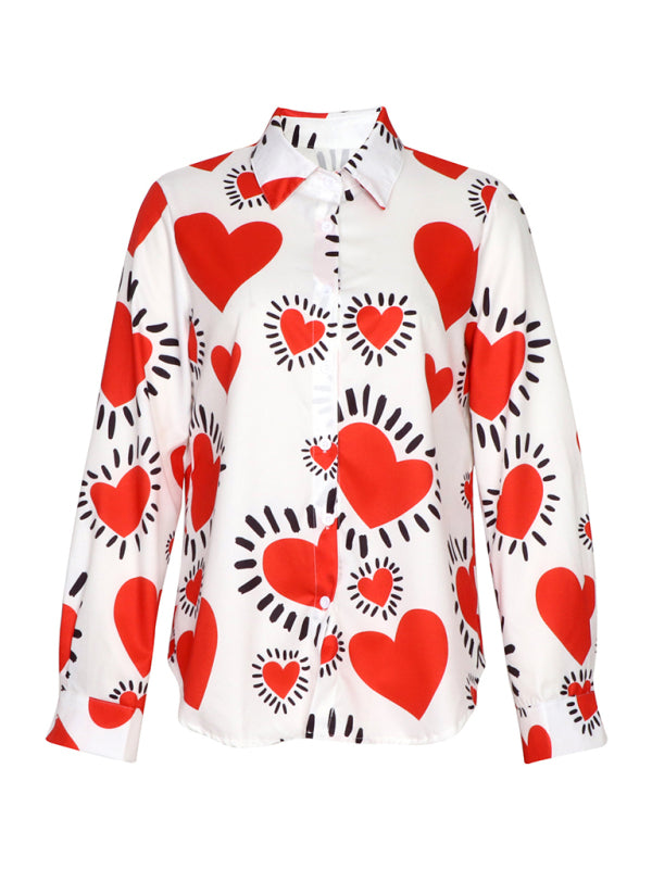 Valentine's Day Heart Print Casual Lapel Long Sleeve Shirt-TOPS / DRESSES-[Adult]-[Female]-2022 Online Blue Zone Planet