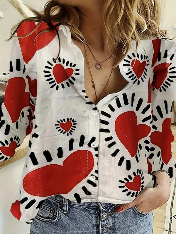 Valentine's Day Heart Print Casual Lapel Long Sleeve Shirt-TOPS / DRESSES-[Adult]-[Female]-White-S-2022 Online Blue Zone Planet