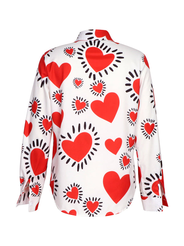 Valentine's Day Heart Print Casual Lapel Long Sleeve Shirt-TOPS / DRESSES-[Adult]-[Female]-2022 Online Blue Zone Planet