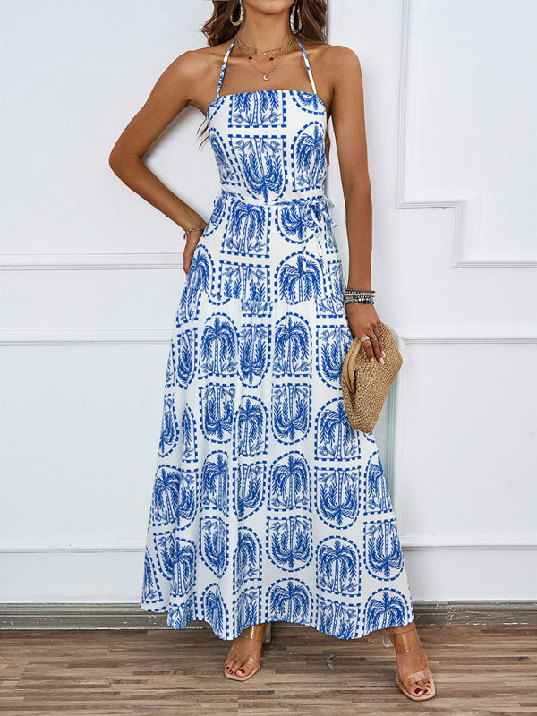 Floral halter neck Hawaiian beach midi dress-TOPS / DRESSES-[Adult]-[Female]-Blue-S-2022 Online Blue Zone Planet