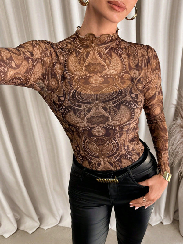 Pam's Sexy Leopard Print Mesh Ruffle Bodysuit T-shirt Top-[Adult]-[Female]-Coffee-S-2022 Online Blue Zone Planet