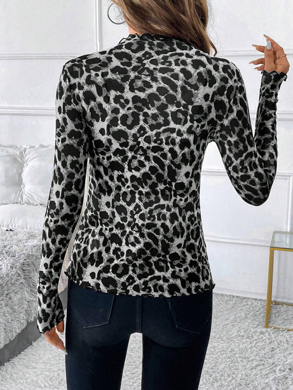 Pam's Sexy Leopard Print Mesh Ruffle Bodysuit T-shirt Top-[Adult]-[Female]-2022 Online Blue Zone Planet