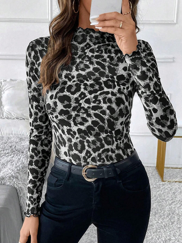 Pam's Sexy Leopard Print Mesh Ruffle Bodysuit T-shirt Top-[Adult]-[Female]-Grey-S-2022 Online Blue Zone Planet