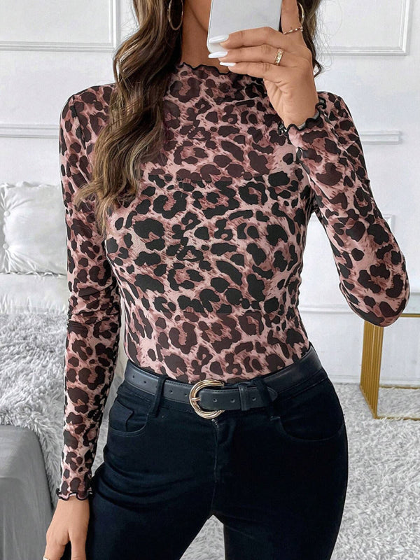 Pam's Sexy Leopard Print Mesh Ruffle Bodysuit T-shirt Top-[Adult]-[Female]-Pink-S-2022 Online Blue Zone Planet