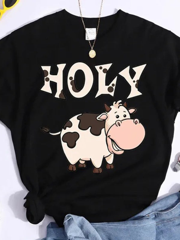 Lynn's Holy cow print round neck short sleeve T-shirt-[Adult]-[Female]-Black-XS-2022 Online Blue Zone Planet