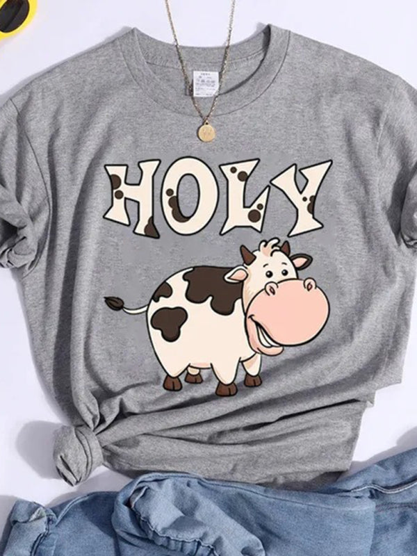 Lynn's Holy cow print round neck short sleeve T-shirt-[Adult]-[Female]-Grey-XS-2022 Online Blue Zone Planet