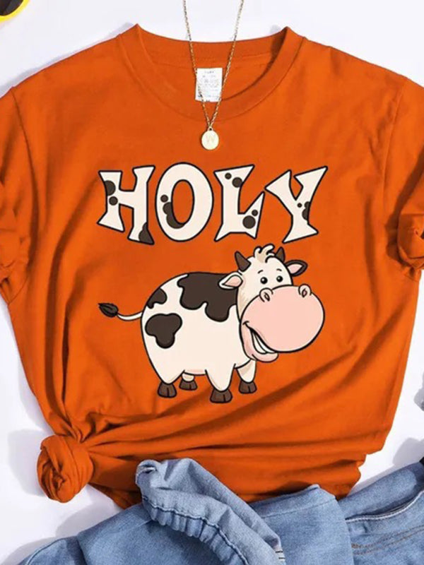 Lynn's Holy cow print round neck short sleeve T-shirt-[Adult]-[Female]-Orange-XS-2022 Online Blue Zone Planet