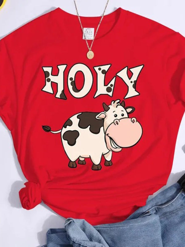 Lynn's Holy cow print round neck short sleeve T-shirt-[Adult]-[Female]-Red-XS-2022 Online Blue Zone Planet