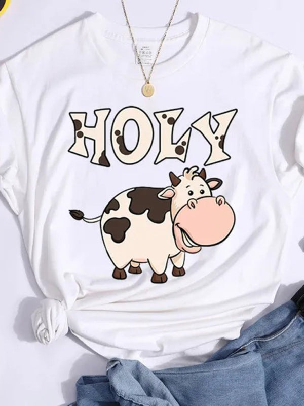 Lynn's Holy cow print round neck short sleeve T-shirt-[Adult]-[Female]-2022 Online Blue Zone Planet