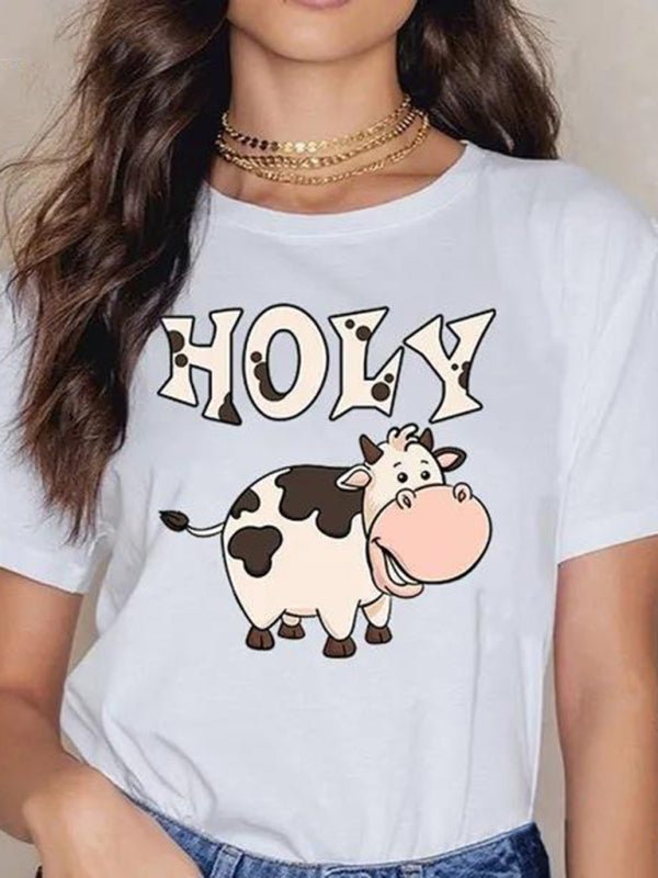 Lynn's Holy cow print round neck short sleeve T-shirt-[Adult]-[Female]-White-XS-2022 Online Blue Zone Planet