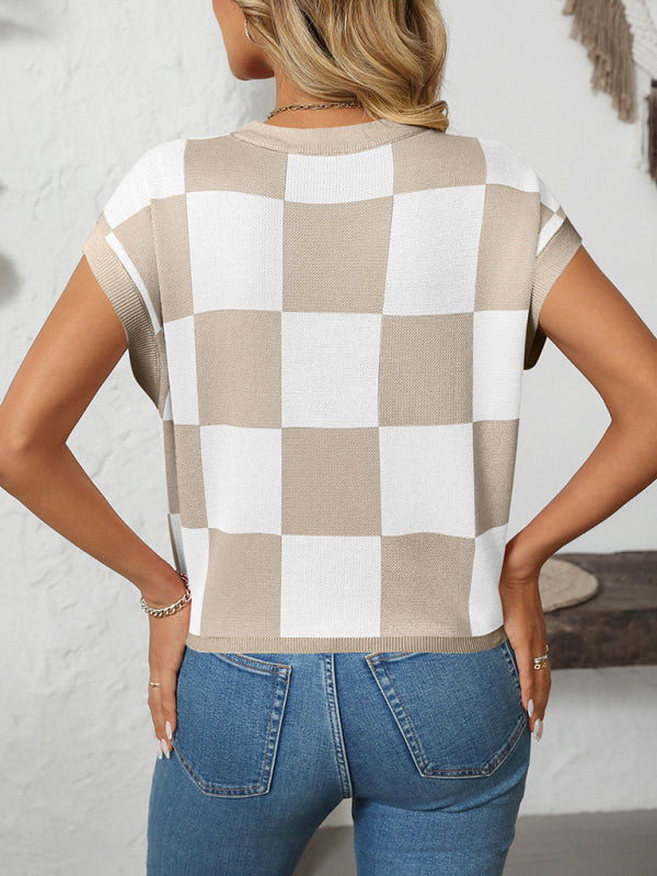 Colorblock Crewneck Checkerboard Sweater-[Adult]-[Female]-2022 Online Blue Zone Planet