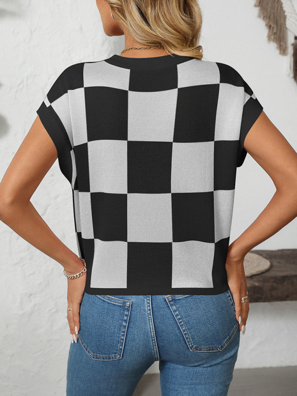 Colorblock Crewneck Checkerboard Sweater-[Adult]-[Female]-2022 Online Blue Zone Planet