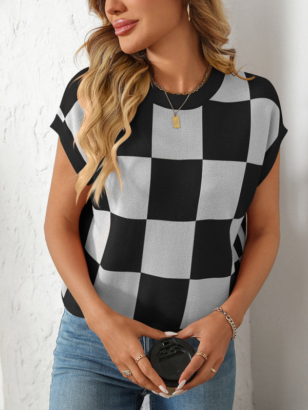 Colorblock Crewneck Checkerboard Sweater-[Adult]-[Female]-2022 Online Blue Zone Planet