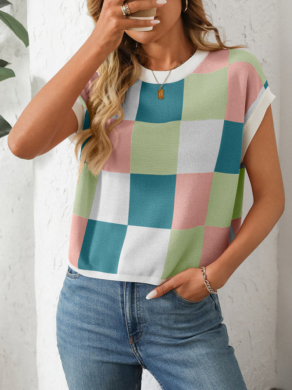 Colorblock Crewneck Checkerboard Sweater-[Adult]-[Female]-2022 Online Blue Zone Planet