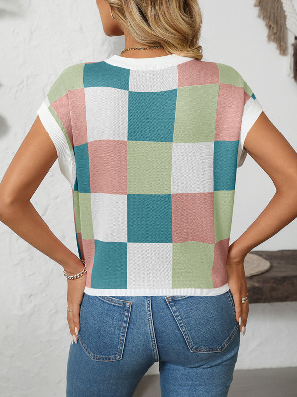 Colorblock Crewneck Checkerboard Sweater-[Adult]-[Female]-2022 Online Blue Zone Planet