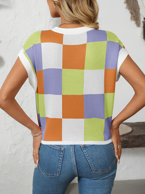 Colorblock Crewneck Checkerboard Sweater-[Adult]-[Female]-2022 Online Blue Zone Planet