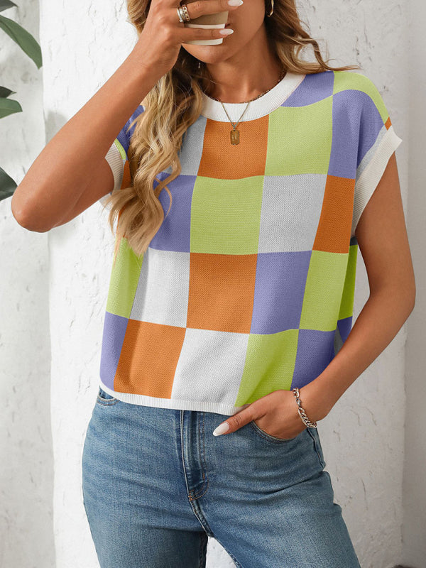 Colorblock Crewneck Checkerboard Sweater-[Adult]-[Female]-2022 Online Blue Zone Planet
