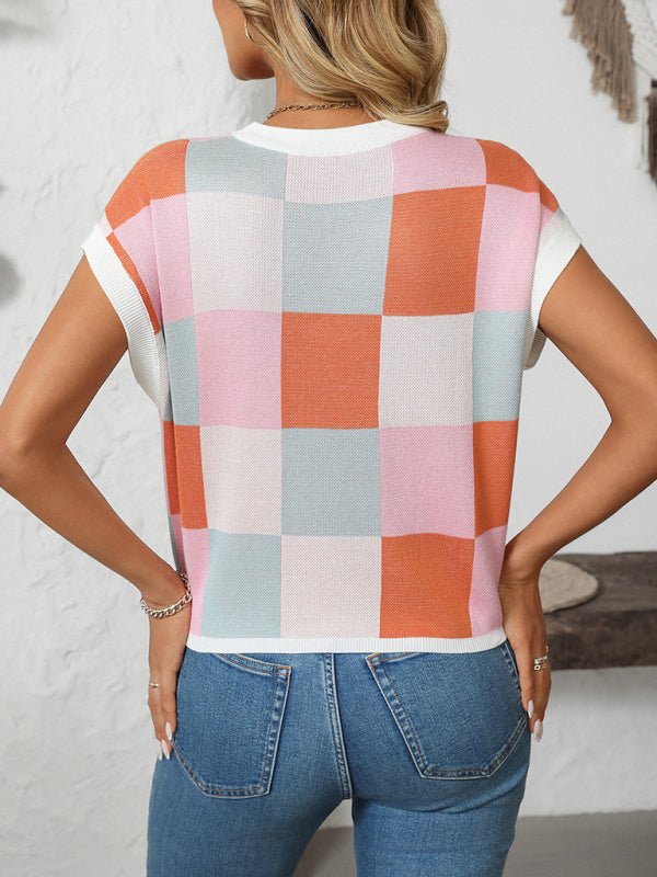 Colorblock Crewneck Checkerboard Sweater-[Adult]-[Female]-2022 Online Blue Zone Planet