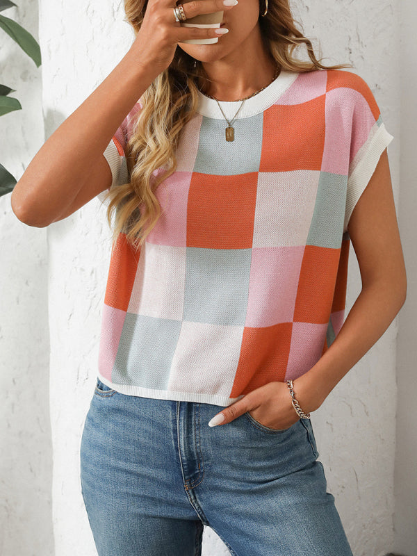 Colorblock Crewneck Checkerboard Sweater-[Adult]-[Female]-2022 Online Blue Zone Planet